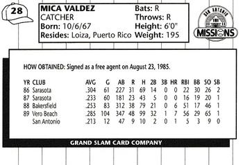 1990 Grand Slam San Antonio Missions #28 Mica Valdez Back