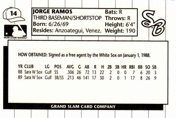 1990 Grand Slam South Bend White Sox #14 Jorge Ramos Back