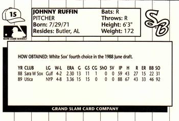 1990 Grand Slam South Bend White Sox #15 Johnny Ruffin Back
