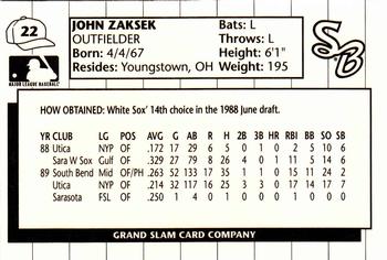 1990 Grand Slam South Bend White Sox #22 John Zaksek Back