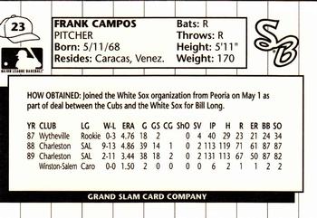 1990 Grand Slam South Bend White Sox #23 Frank Campos Back