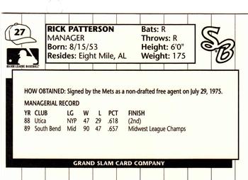 1990 Grand Slam South Bend White Sox #27 Rick Patterson Back