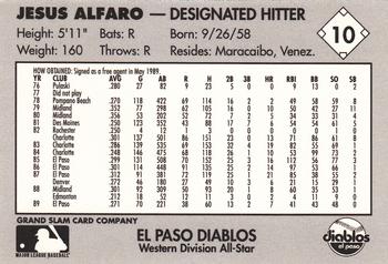 1990 Grand Slam Texas League All-Stars #10 Jesus Alfaro Back