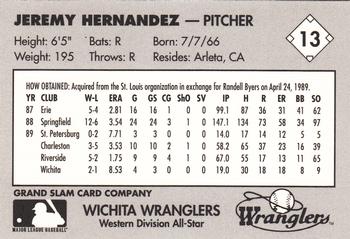 1990 Grand Slam Texas League All-Stars #13 Jeremy Hernandez Back