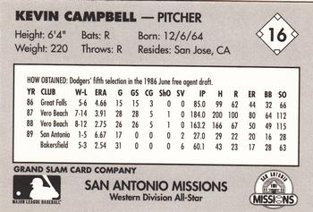 1990 Grand Slam Texas League All-Stars #16 Kevin Campbell Back
