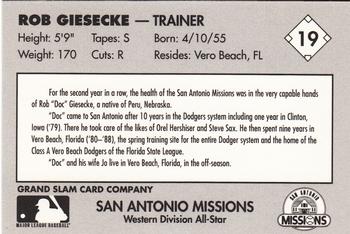 1990 Grand Slam Texas League All-Stars #19 Rob Giesecke Back