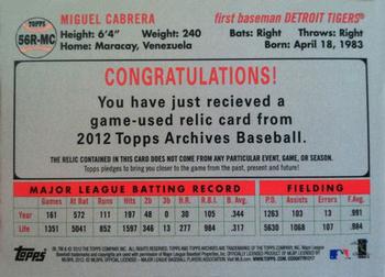 2012 Topps Archives - Relics #56R-MC Miguel Cabrera Back