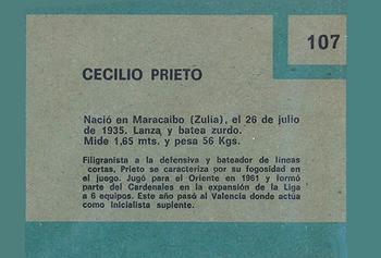 1967 Topps Venezuelan #107 Cecilio Prieto Back