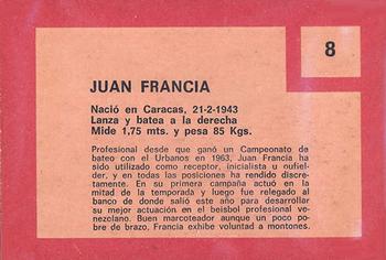 1967 Topps Venezuelan #8 Juan Francia Back