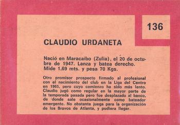 1967 Topps Venezuelan #136 Claudio Urdaneta Back