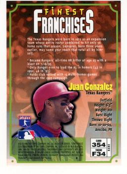 1996 Finest #354 Juan Gonzalez Back