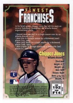 1996 Finest - Refractors #192 Chipper Jones Back