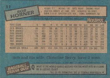 1985 Topps Hostess Atlanta Braves #11 Bob Horner Back