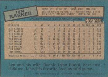 1985 Topps Hostess Atlanta Braves #2 Len Barker Back