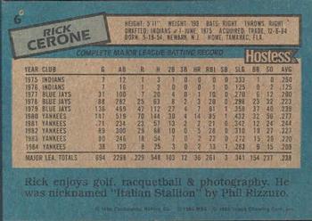1985 Topps Hostess Atlanta Braves #6 Rick Cerone Back