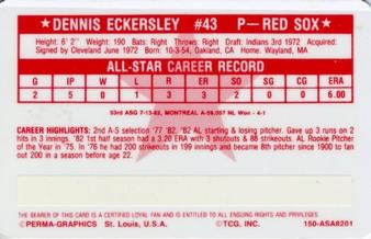 1982 Perma-Graphics All-Star Credit Cards #1 Dennis Eckersley Back