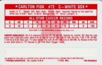 1982 Perma-Graphics All-Star Credit Cards #3 Carlton Fisk Back