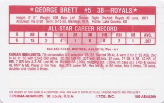 1982 Perma-Graphics All-Star Credit Cards #9 George Brett Back