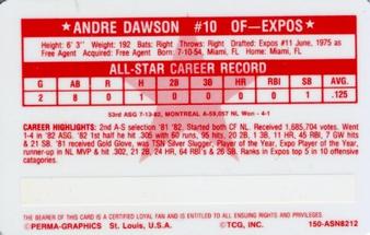 1982 Perma-Graphics All-Star Credit Cards #12 Andre Dawson Back