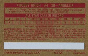 1982 Perma-Graphics All-Star Credit Cards - Gold #5 Bobby Grich Back