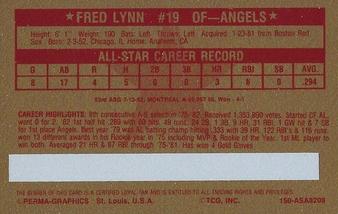 1982 Perma-Graphics All-Star Credit Cards - Gold #8 Fred Lynn Back