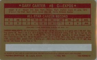 1982 Perma-Graphics All-Star Credit Cards - Gold #10 Gary Carter Back