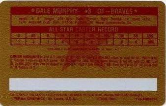1982 Perma-Graphics All-Star Credit Cards - Gold #14 Dale Murphy Back