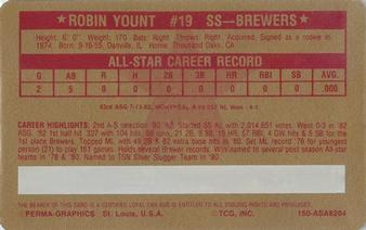 1982 Perma-Graphics All-Star Credit Cards - Gold #4 Robin Yount Back