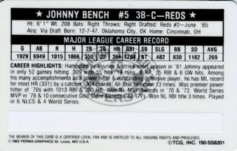 1982 Perma-Graphics Super Star Credit Cards #150-SS8201 Johnny Bench Back