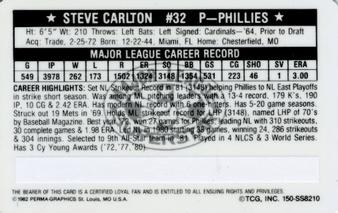 1982 Perma-Graphics Super Star Credit Cards #150-SS8210 Steve Carlton Back