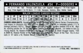 1982 Perma-Graphics Super Star Credit Cards #150-SS8212 Fernando Valenzuela Back