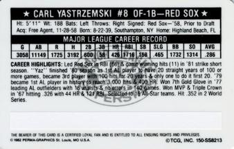 1982 Perma-Graphics Super Star Credit Cards #150-SS8213 Carl Yastrzemski Back
