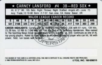 1982 Perma-Graphics Super Star Credit Cards #150-SS8215 Carney Lansford Back