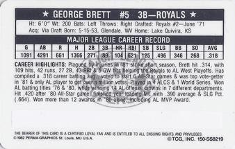1982 Perma-Graphics Super Star Credit Cards #150-SS8219 George Brett Back