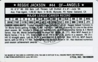 1982 Perma-Graphics Super Star Credit Cards #150-SS8220 Reggie Jackson Back