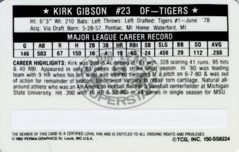 1982 Perma-Graphics Super Star Credit Cards #150-SS8224 Kirk Gibson Back