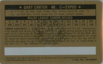 1982 Perma-Graphics Super Star Credit Cards - Gold #150-SS8204 Gary Carter Back