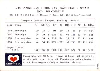 1960 Morrell Meats Los Angeles Dodgers #NNO Don Drysdale Back