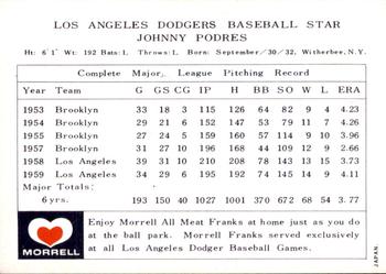1960 Morrell Meats Los Angeles Dodgers #NNO Johnny Podres Back