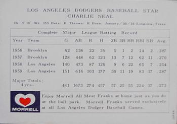 1960 Morrell Meats Los Angeles Dodgers #NNO Charlie Neal Back