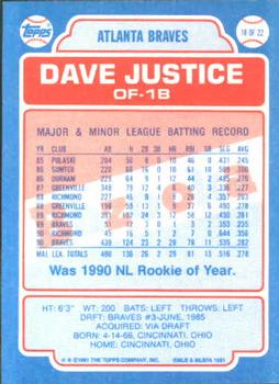 1991 Topps Bazooka Shining Stars #18 Dave Justice Back