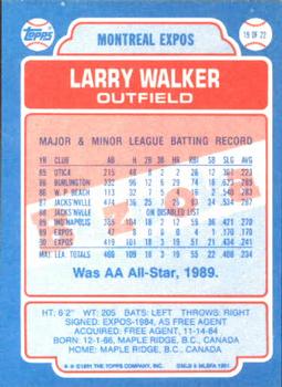 1991 Topps Bazooka Shining Stars #19 Larry Walker Back