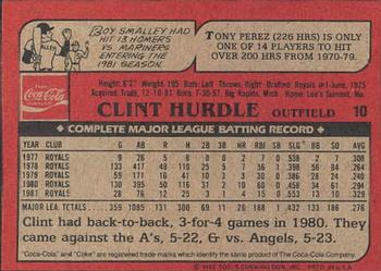 1982 Topps Coca-Cola Cincinnati Reds #10 Clint Hurdle Back