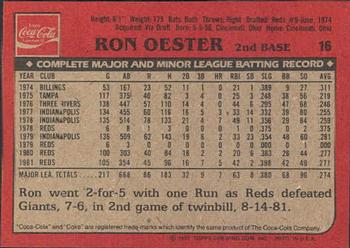 1982 Topps Coca-Cola Cincinnati Reds #16 Ron Oester Back