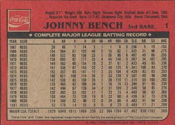 1982 Topps Coca-Cola Cincinnati Reds #1 Johnny Bench Back