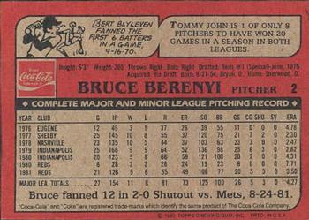 1982 Topps Coca-Cola Cincinnati Reds #2 Bruce Berenyi Back