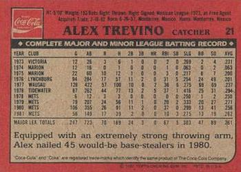 1982 Topps Coca-Cola Cincinnati Reds #21 Alex Trevino Back