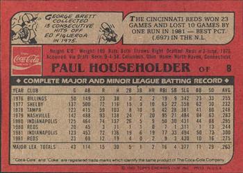 1982 Topps Coca-Cola Cincinnati Reds #8 Paul Householder Back