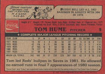 1982 Topps Coca-Cola Cincinnati Reds #9 Tom Hume Back