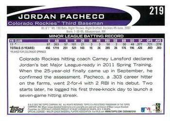 2012 Topps - Purple #219 Jordan Pacheco Back